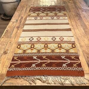 Hand Woven Rug 50 x 20" Brown Wool Tones Geometric Pattern Tasseled